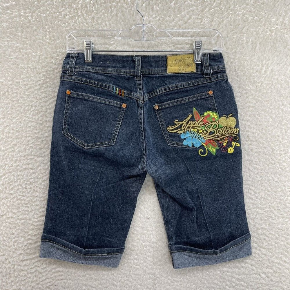 Y2K 2000 Apple Bottoms Bimbo McBling Embroidered Rhinestone Denim Bermuda 4 26 S